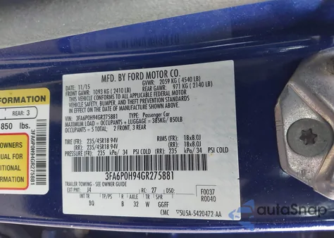 2016 Ford Fusion Se from USA, damaged, VIN 3FA6P0H94GR275881